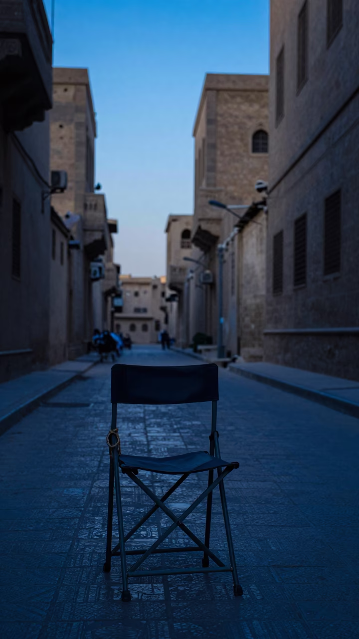 Cairo Egypt Pre-Dawn Street Scene with Folding Chair and Twine Fibers on Saucer in in Cairo, Egypt