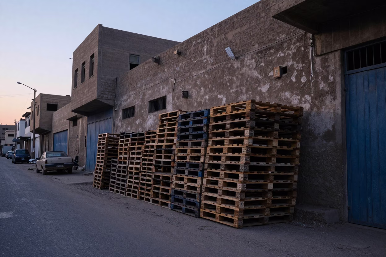 Cairo Egypt Pre-Dawn Street Scene with Stacked Pallets and Warehouse Aisle in in Cairo, Egypt