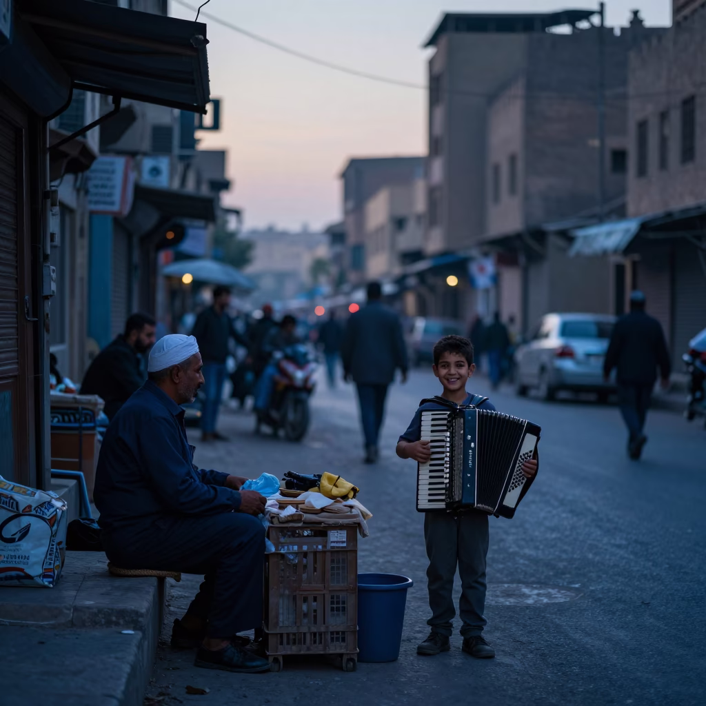 Cairo Egypt Pre-Dawn Street Scene with Vendor and Pedestrians in in Cairo, Egypt