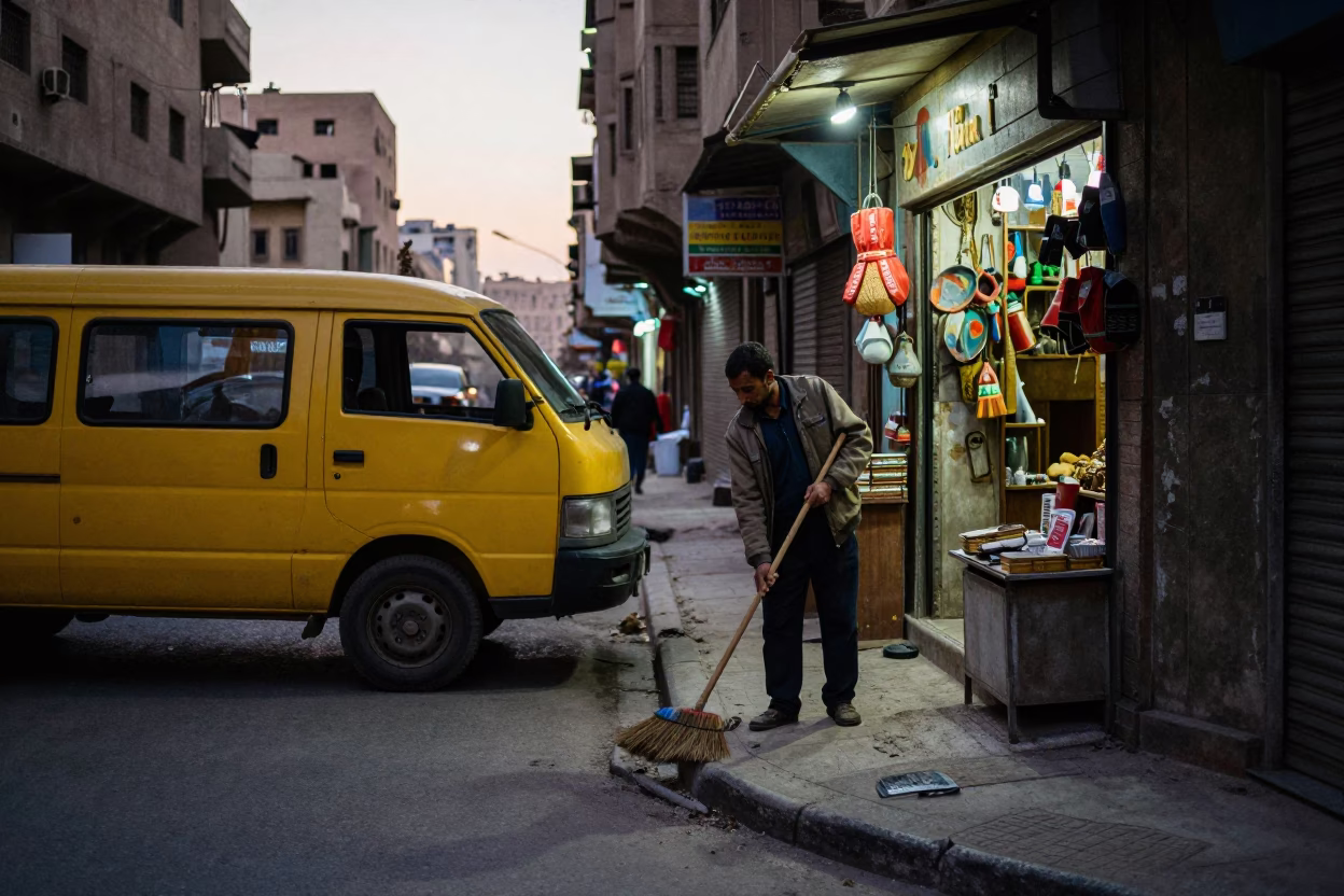 Cairo Egypt Pre-Dawn Street Scene with Yellow Minivan and Shopkeeper in in Cairo, Egypt