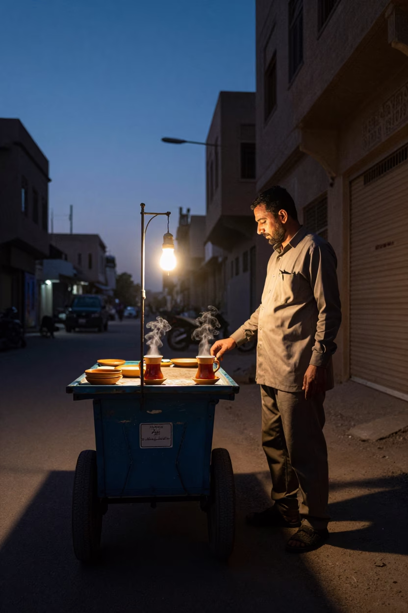 Cairo Egypt Predawn Street Scene with Ceramic Mugs and Local Vendor in in Cairo, Egypt