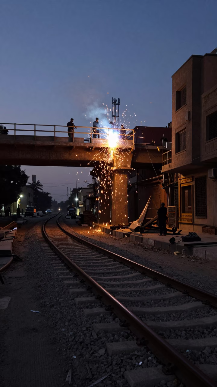 Cairo Egypt predawn street scene with construction sparks and railway signal cabin in in Cairo, Egypt