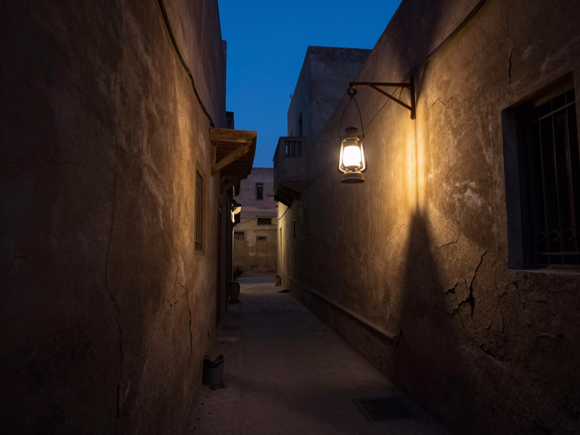 Cairo Egypt predawn street scene with cracked stucco and oil lamp in in Cairo, Egypt