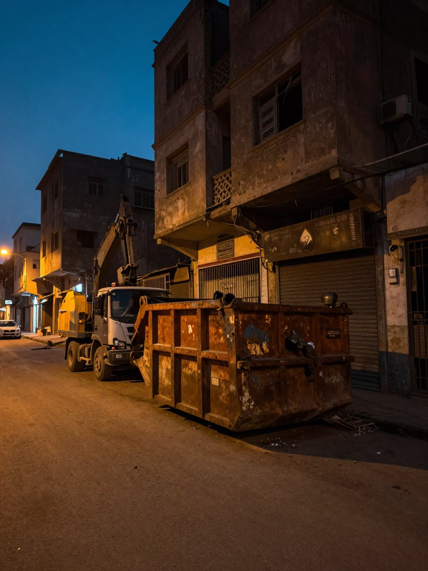 Cairo Egypt Predawn Street Scene with Demolition Dumpster and Storefront in in Cairo, Egypt