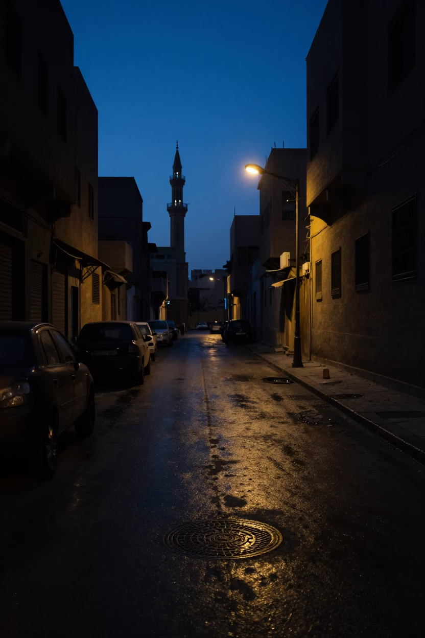 Cairo Egypt predawn street scene with manhole cover and dim light in in Cairo, Egypt