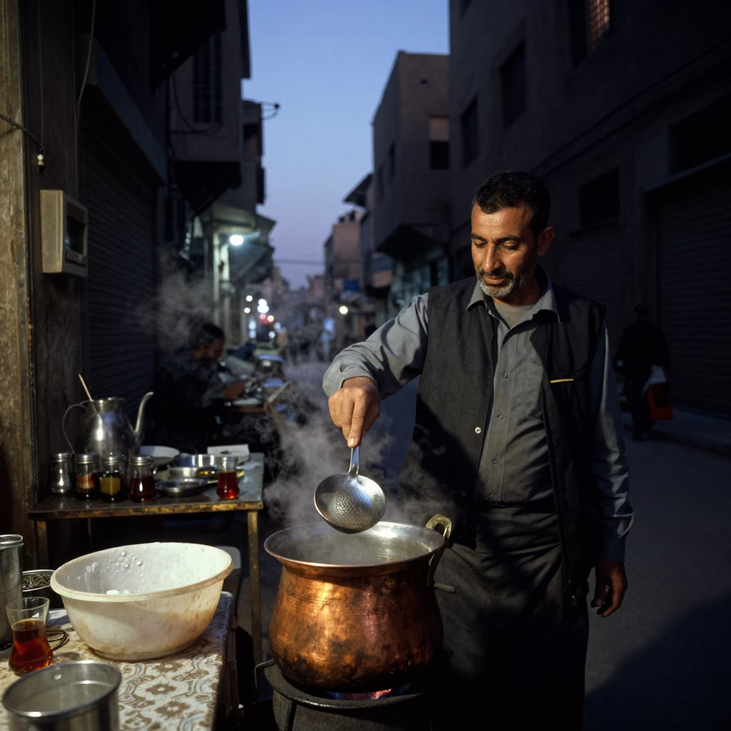 Cairo Egypt Predawn Street Scene with Tea Strainer and Local Vendor in in Cairo, Egypt