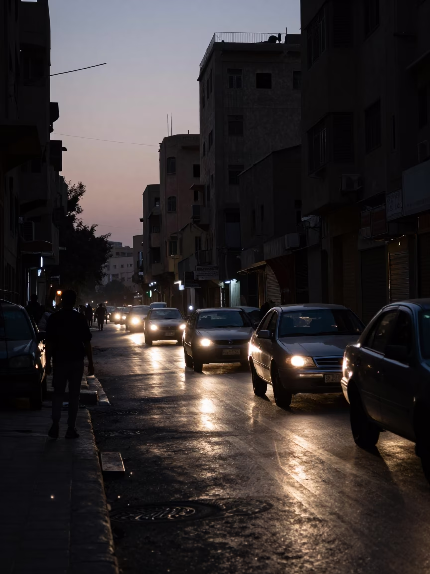 Cairo Egypt Predawn Street Scene with Vintage Car Headlights and Local Market Activity in in Cairo, Egypt