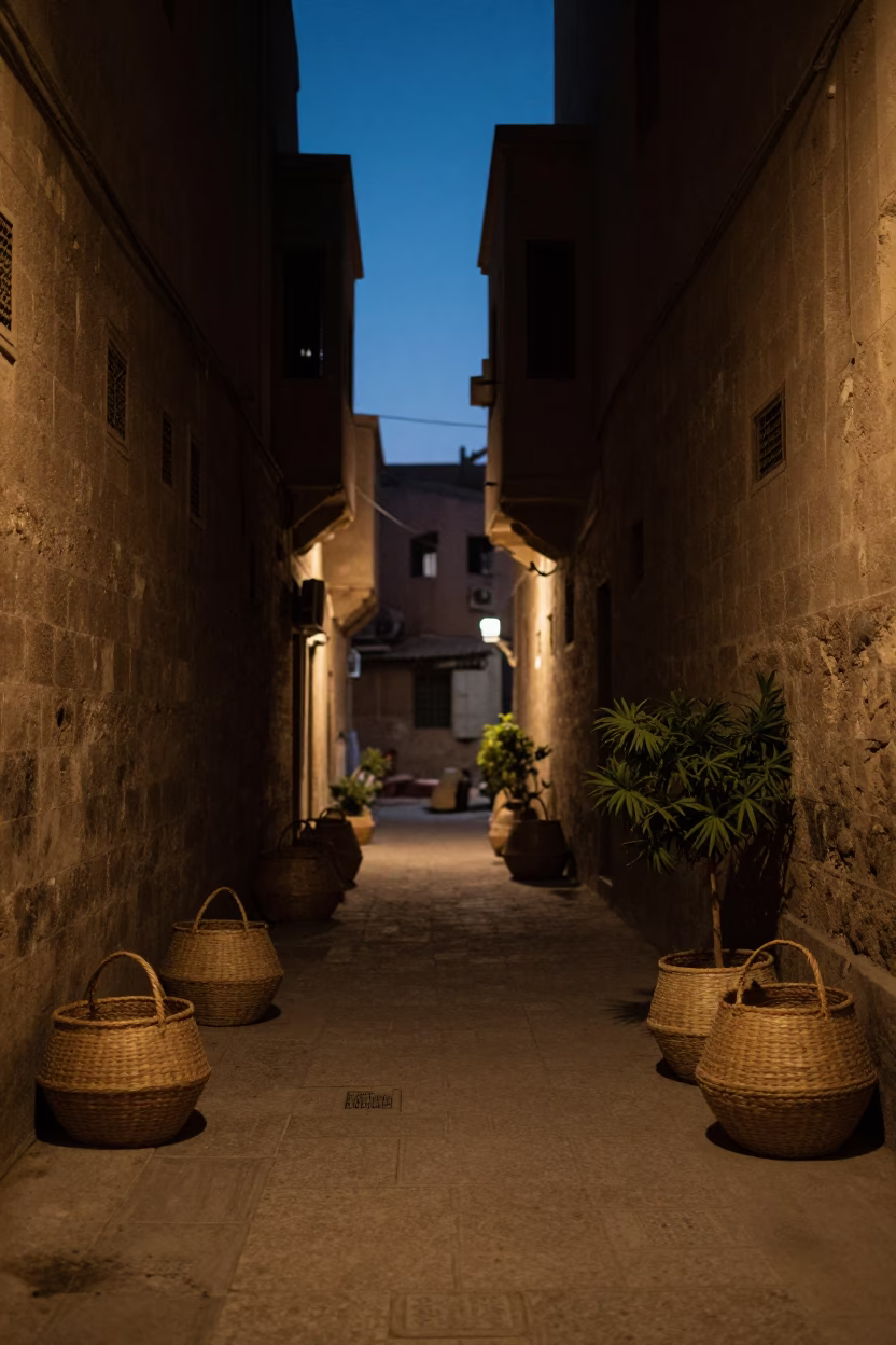 Cairo Egypt Predawn Street Scene with Woven Baskets and Houseplant in in Cairo, Egypt