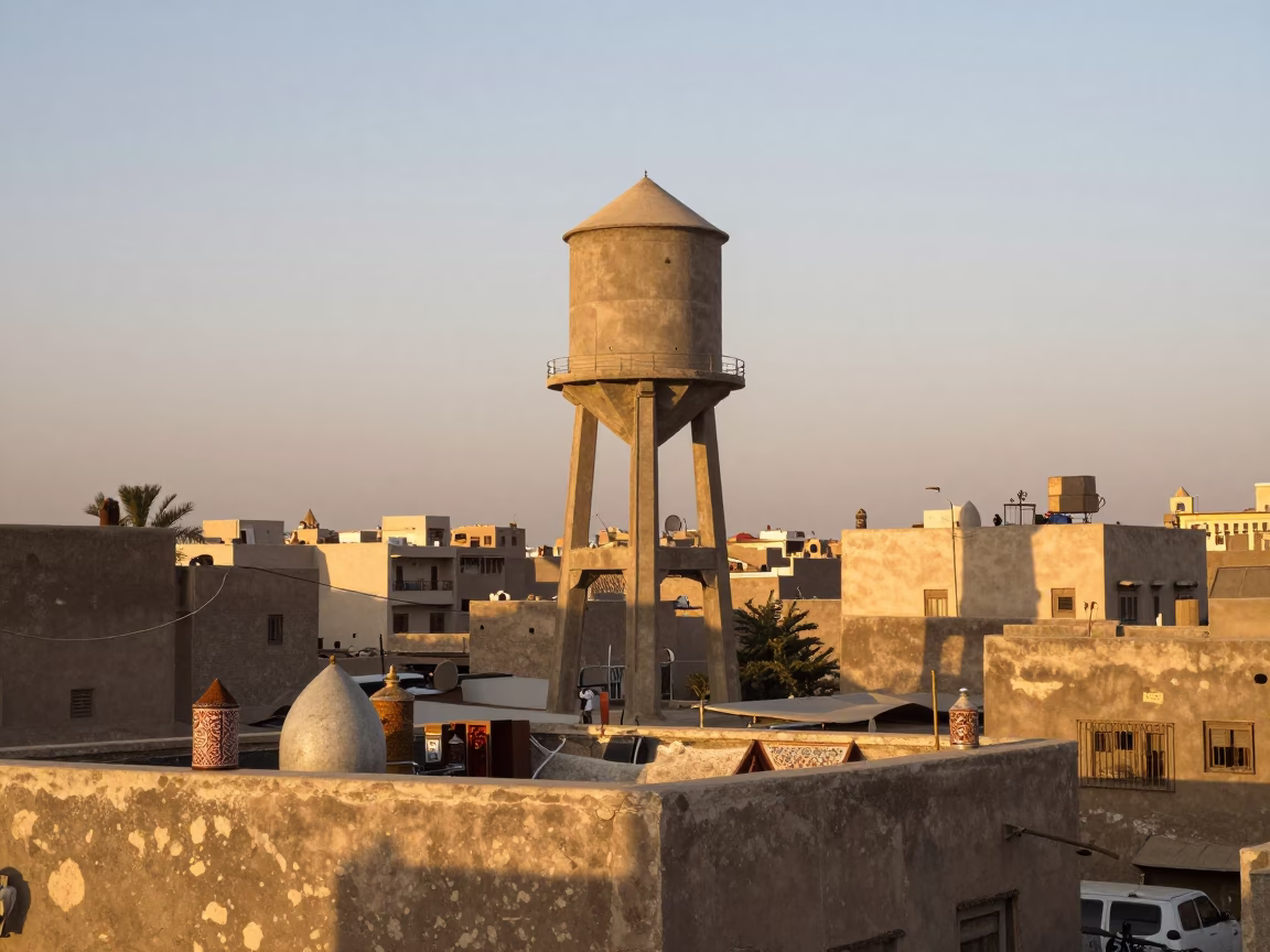 Cairo Egypt Rooftop Golden Hour Water Tower and Spice Tins Street Scene in in Cairo, Egypt