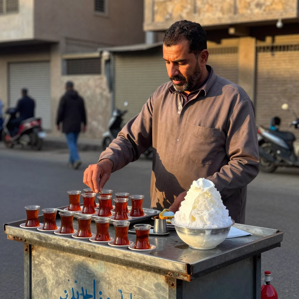 Cairo Egypt street food vendor serving tea and snacks before dawn in in Cairo, Egypt