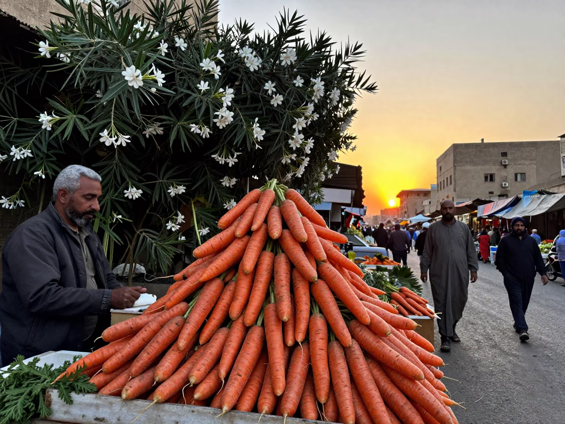 Cairo Egypt Street Market Scene with Carrots and Oleander Hedge at Sunset in in Cairo, Egypt