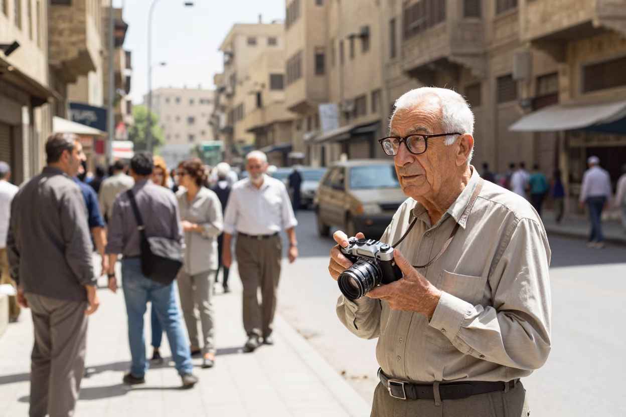 Cairo Egypt street scene 1950s bright midmorning light with retired astronomer in in Cairo, Egypt