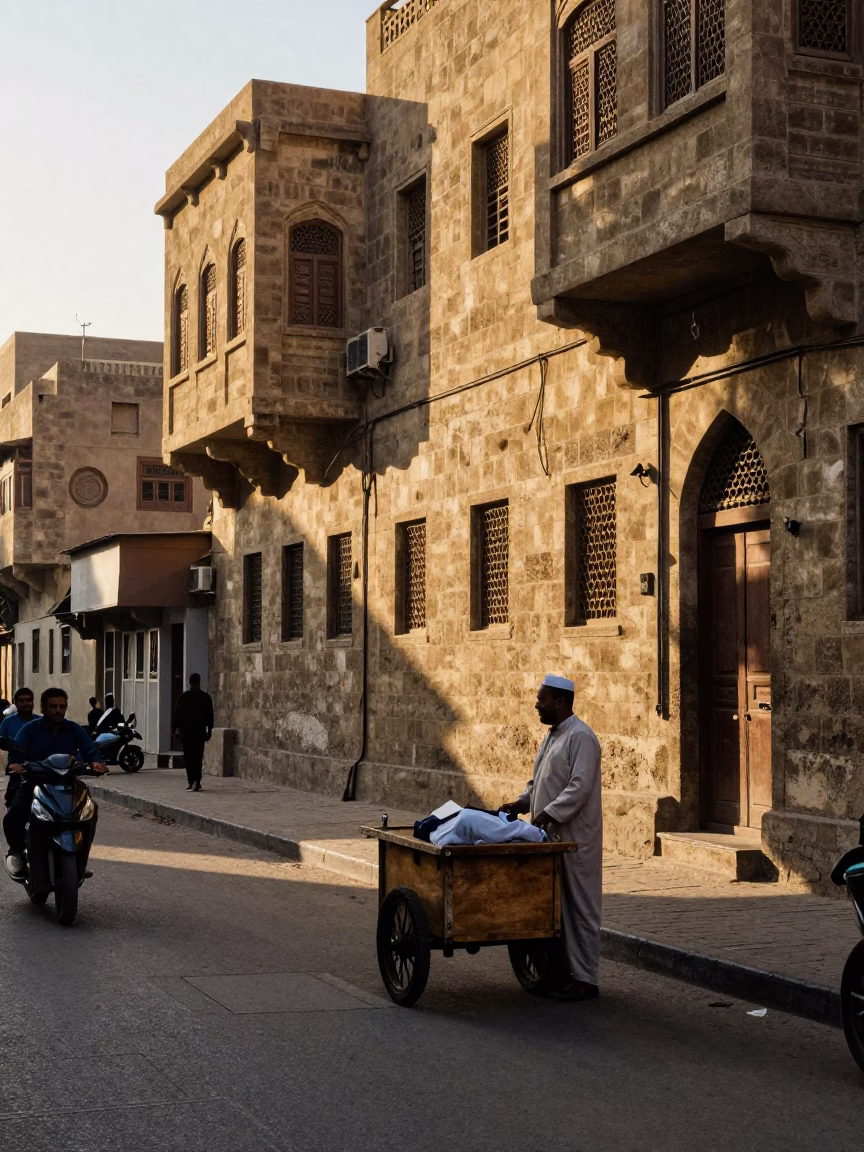 Cairo Egypt street scene after sunrise with local vendor and apron in in Cairo, Egypt
