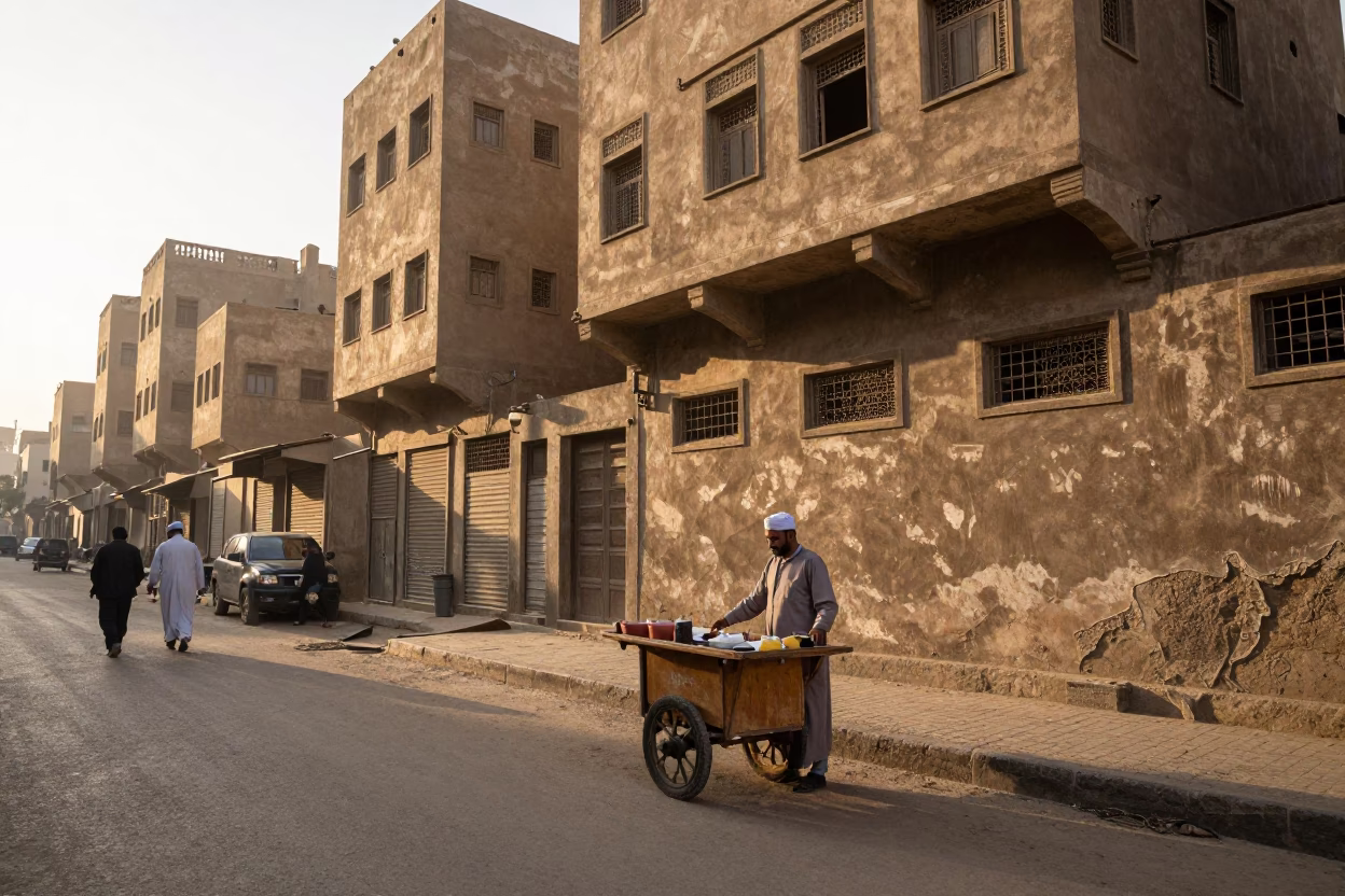 Cairo Egypt Street Scene After Sunrise with Local Vendor and Traditional Items in in Cairo, Egypt
