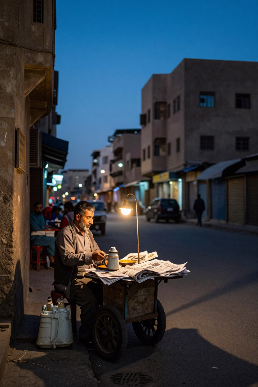 Cairo Egypt Street Scene at Blue Hour with Local Tea Vendor and Newspaper Stack in in Cairo, Egypt