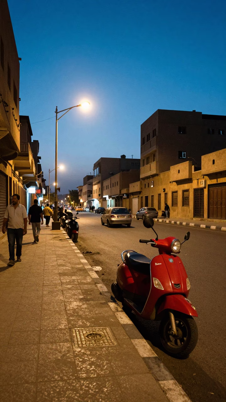 Cairo Egypt street scene at blue hour with scooter and traditional architecture in in Cairo, Egypt