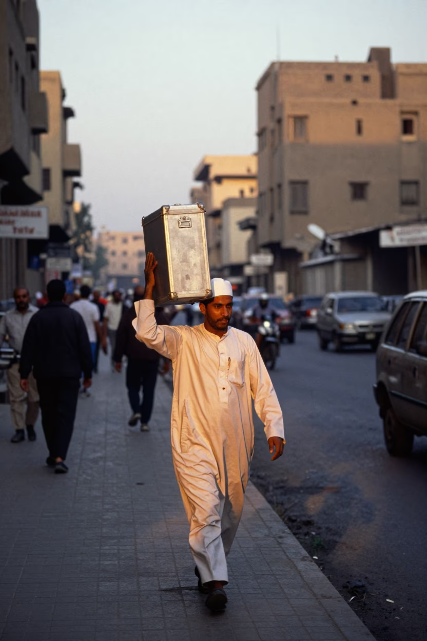 Cairo Egypt street scene at dawn with man carrying lockbox on busy sidewalk in in Cairo, Egypt