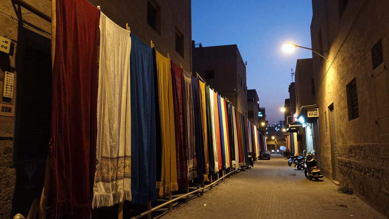Cairo Egypt Street Scene at Dusk with Hanging Fabrics and City Lights in in Cairo, Egypt