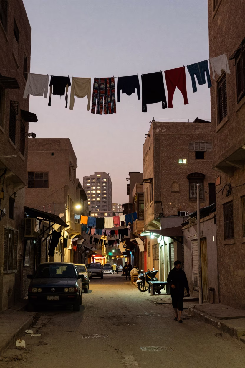 Cairo Egypt Street Scene at Dusk with Laundry and Urban Life in in Cairo, Egypt