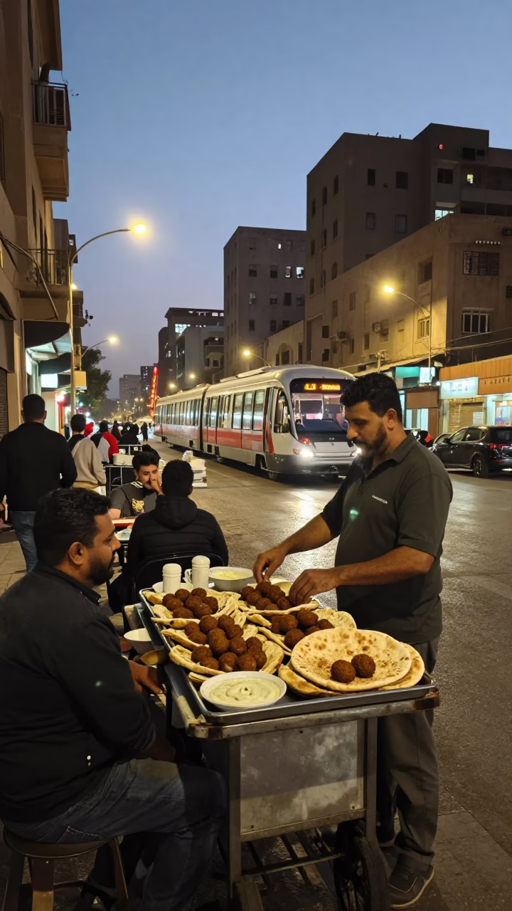 Cairo Egypt Street Scene at Dusk with Monorail and Falafel Vendor in in Cairo, Egypt