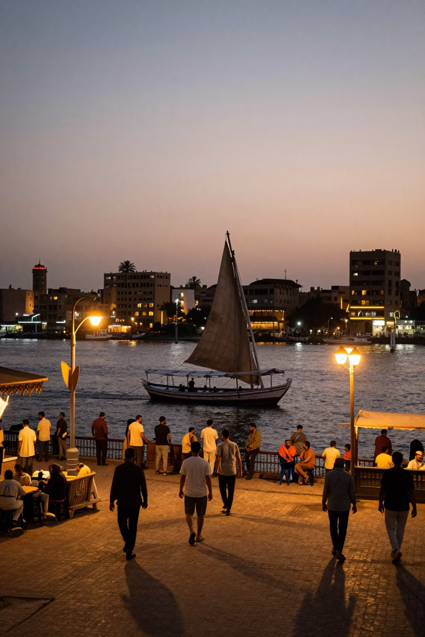 Cairo Egypt Street Scene at Dusk with Traditional Dhow on Nile River in in Cairo, Egypt