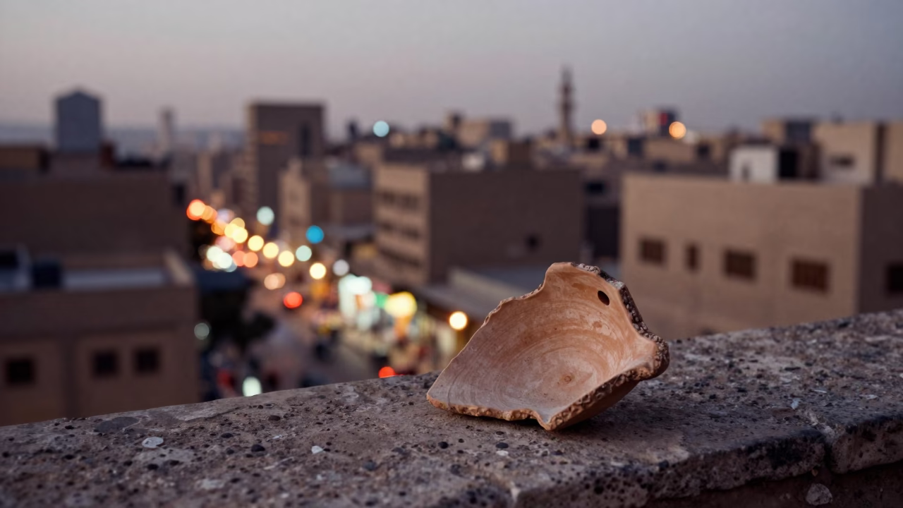 Cairo Egypt Street Scene at Dusk with Traditional Pottery Shard and Railway Viaduct in in Cairo, Egypt