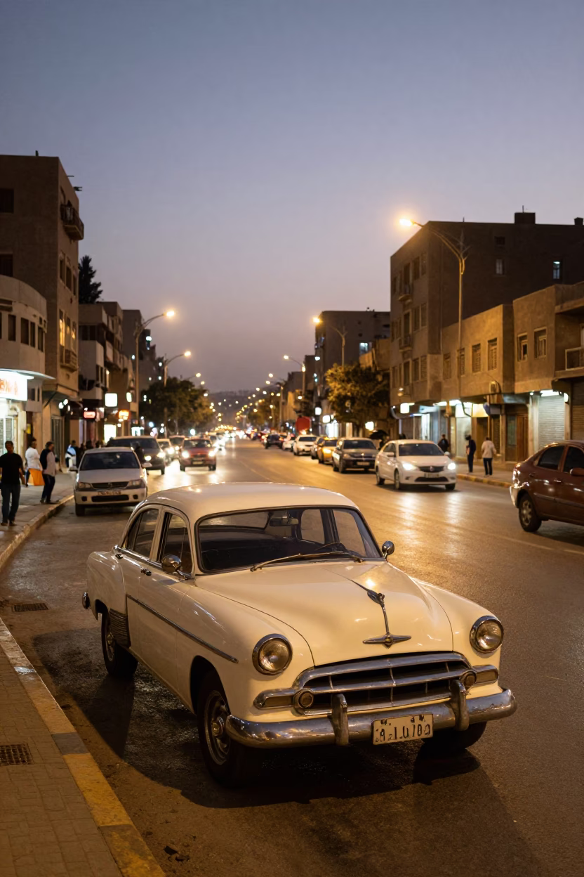 Cairo Egypt street scene at dusk with vintage car and sun hat near pyramids in in Cairo, Egypt