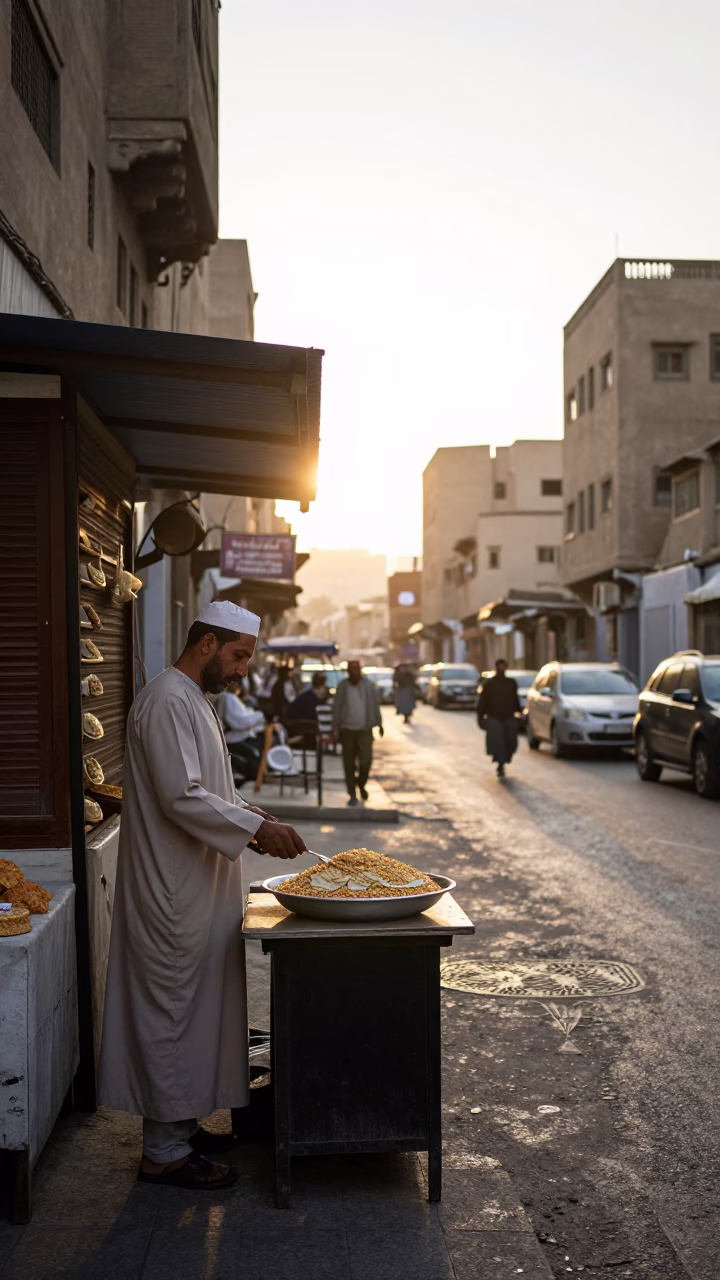 Cairo Egypt street scene at first light with traditional fatteh breakfast and urban architecture in in Cairo, Egypt