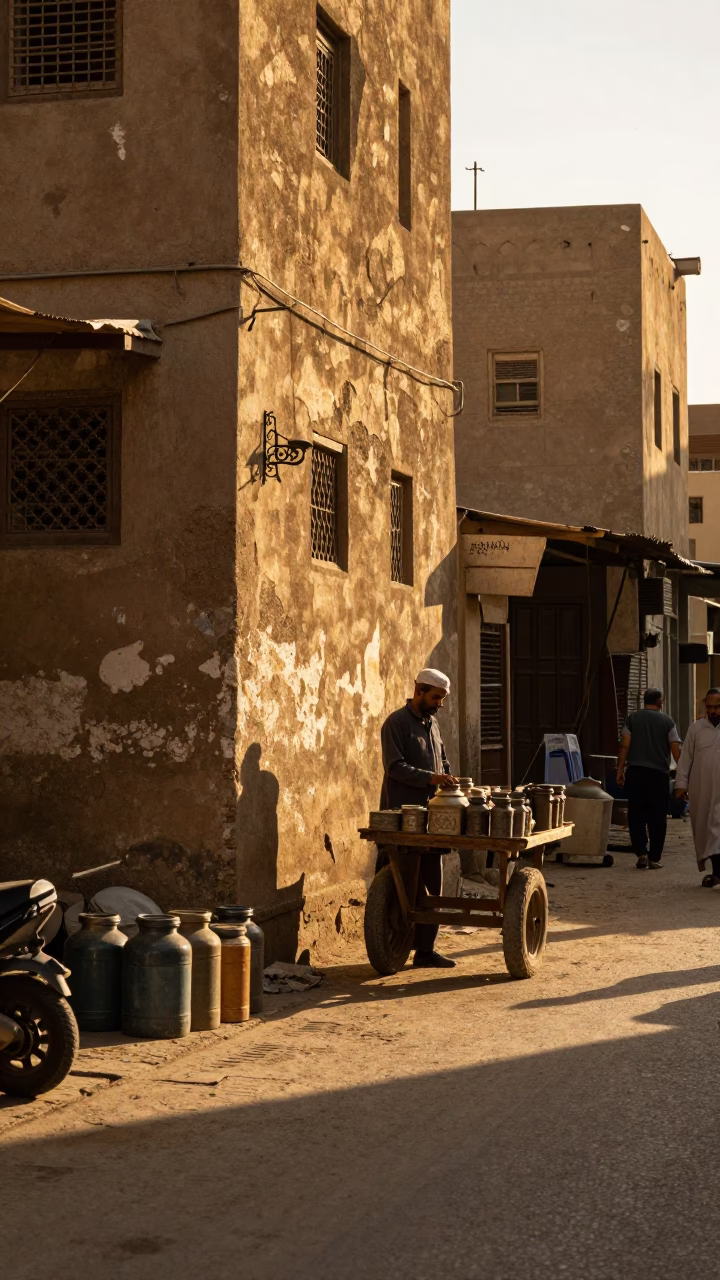 Cairo Egypt Street Scene at Golden Hour with Canisters and Traditional Market Activity in in Cairo, Egypt