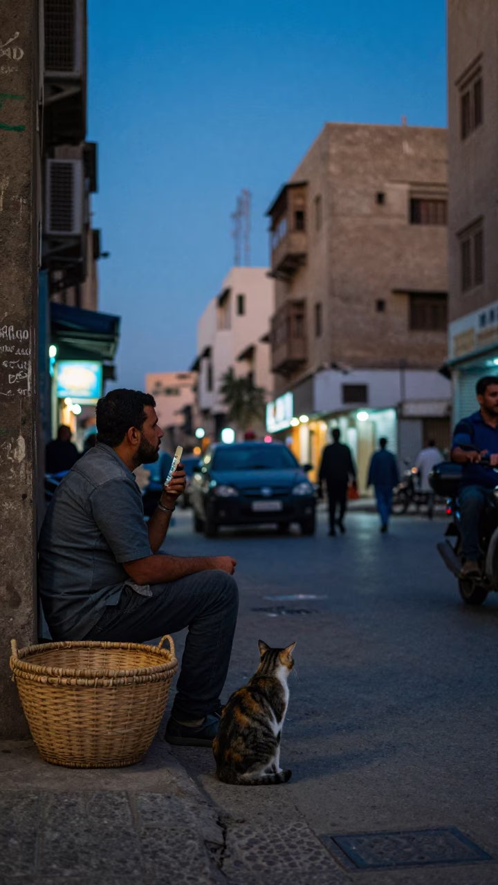 Cairo Egypt Street Scene at Indigo Twilight with Cat and Tea in in Cairo, Egypt