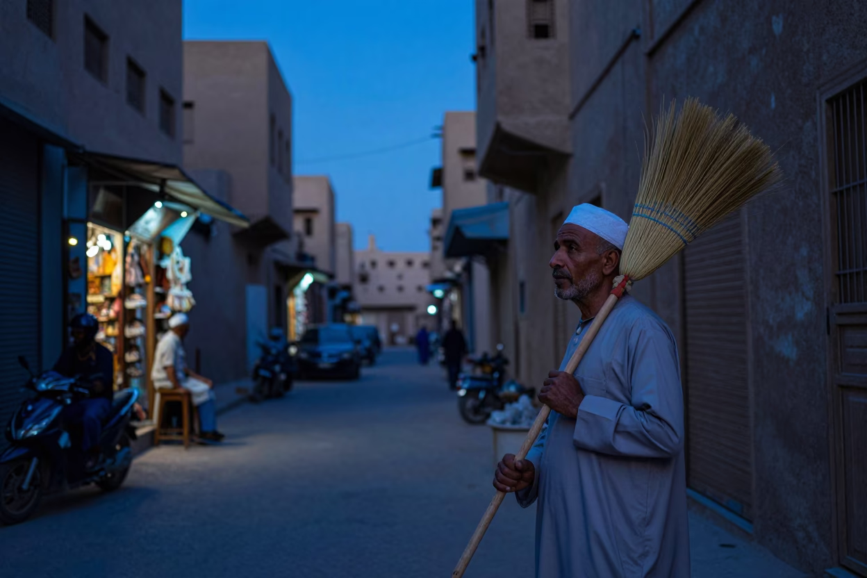 Cairo Egypt Street Scene at Indigo Twilight with Local Shopkeeper and Broom in in Cairo, Egypt