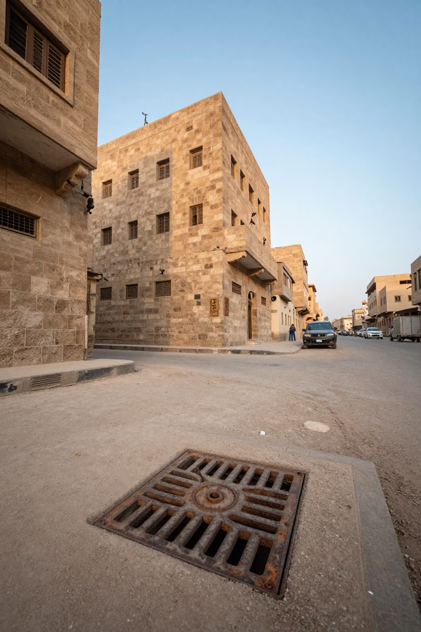 Cairo Egypt Street Scene at Nautical Dawn with Rusty Drain and Urban Detail in in Cairo, Egypt