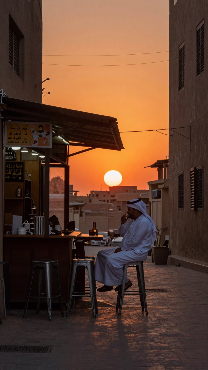 Cairo Egypt Street Scene at Sunset with Bar Stools and Glass Tumbler in in Cairo, Egypt