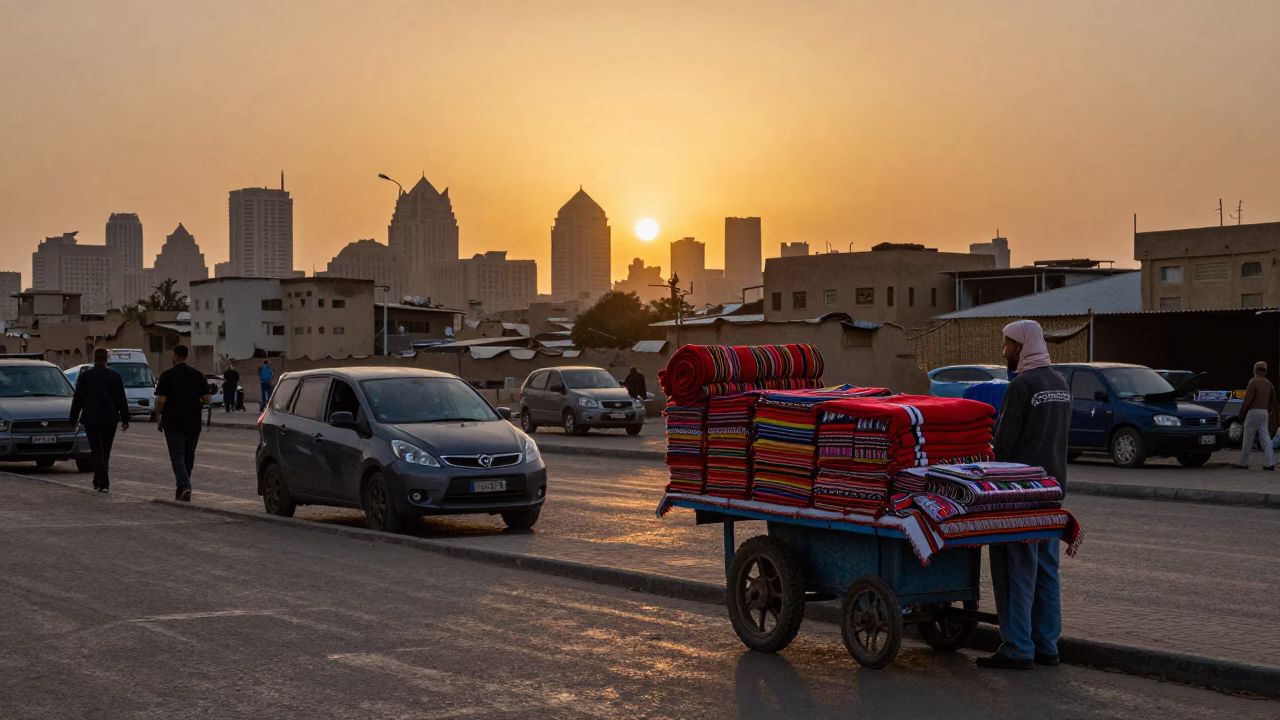 Cairo Egypt street scene at sunset with colorful blankets and busy traffic in in Cairo, Egypt