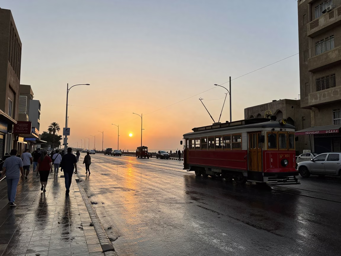 Cairo Egypt Street Scene at Sunset with Heritage Tram and Local Traffic in in Cairo, Egypt