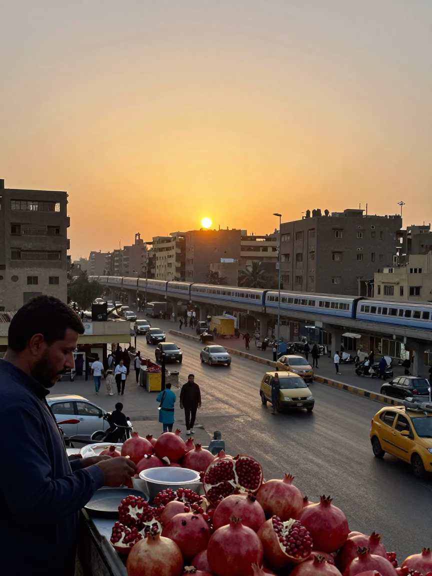 Cairo Egypt street scene at sunset with monorail and pomegranate vendor in in Cairo, Egypt