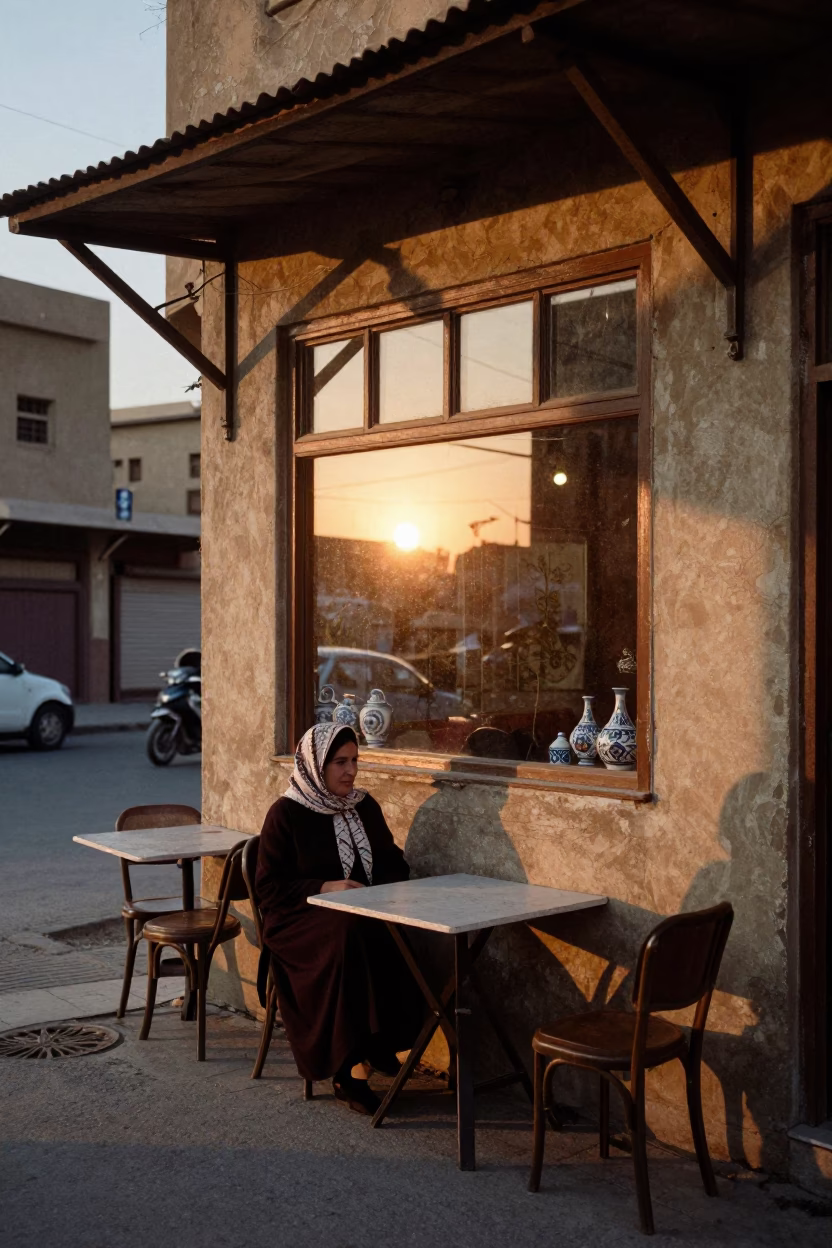 Cairo Egypt Street Scene at Sunset with Scarf and Ceramic Cup in in Cairo, Egypt