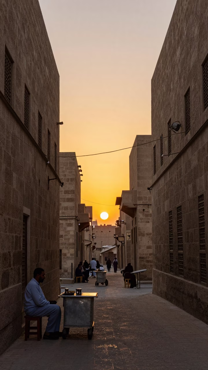 Cairo Egypt Street Scene at Sunset with Traditional Tea and Ceramic Cup in in Cairo, Egypt
