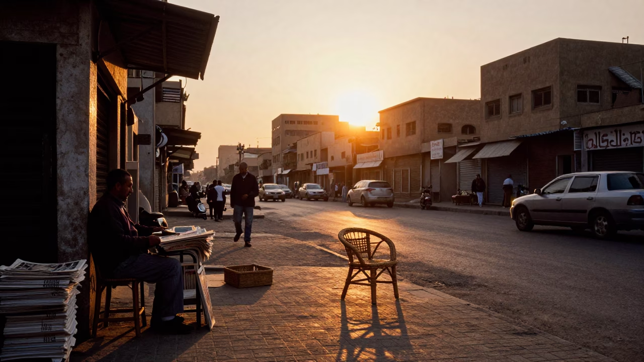 Cairo Egypt Street Scene at Sunset with Wicker Shadow on Tile and Newspaper Stack in in Cairo, Egypt