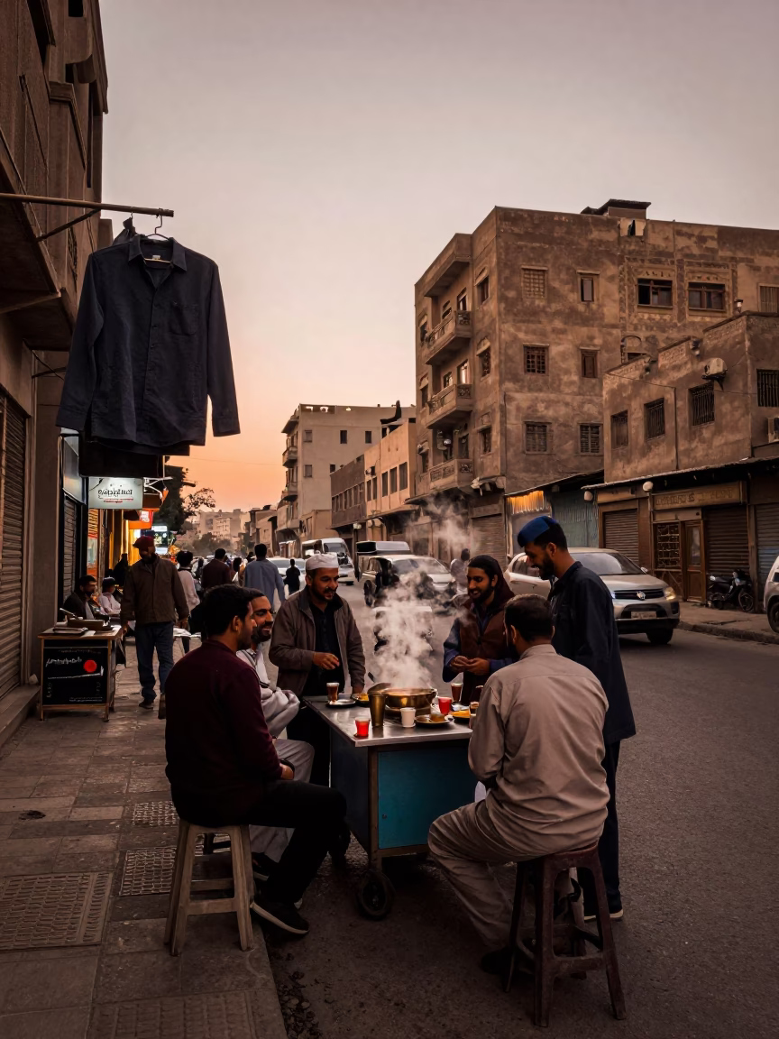 Cairo Egypt Street Scene Before Dusk with Shirt Hanger and Local Market Life in in Cairo, Egypt