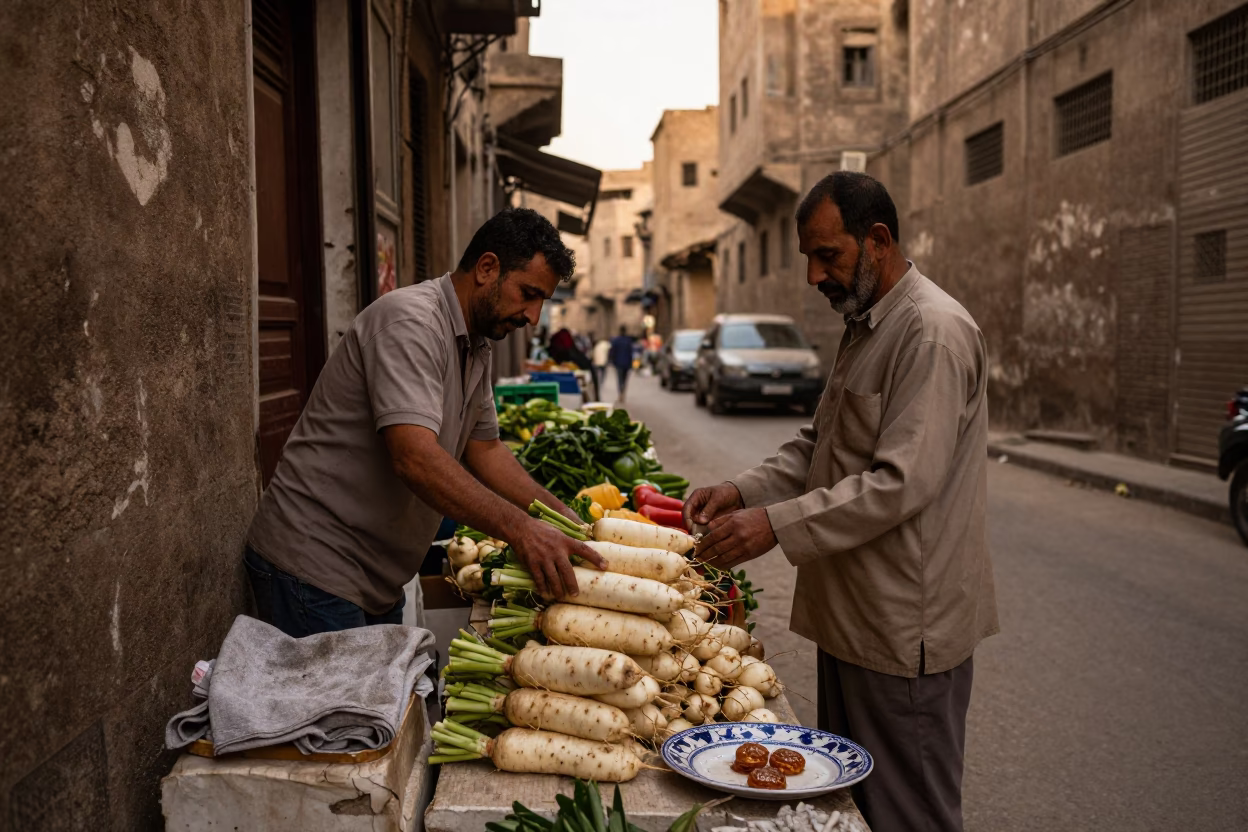 Cairo Egypt Street Scene Before Dusk With Shopkeeper And Vegetables in in Cairo, Egypt