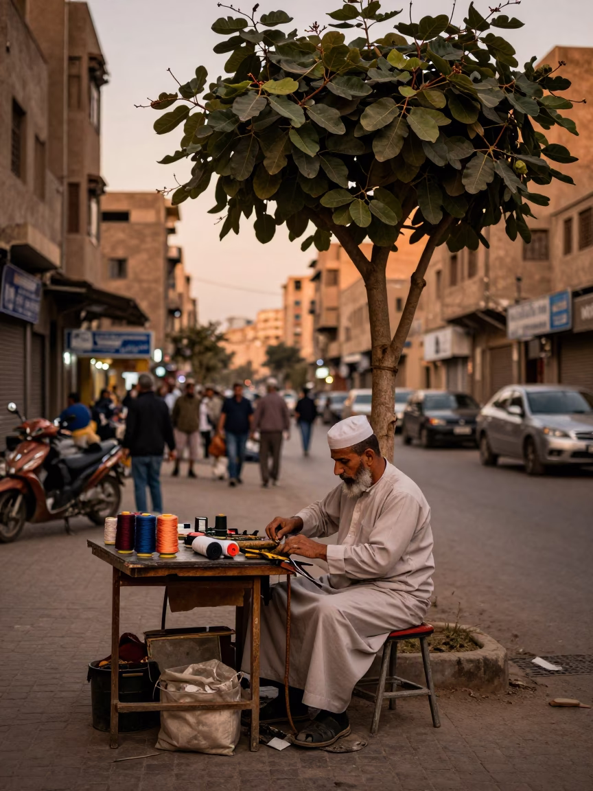 Cairo Egypt Street Scene Before Dusk with Tailor Shears and Fig Tree in in Cairo, Egypt