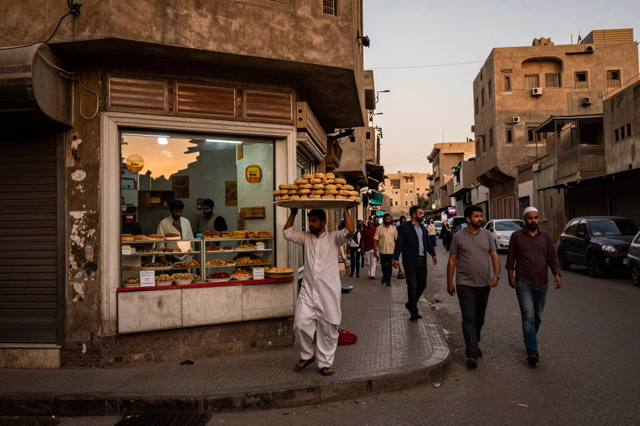 Cairo Egypt Street Scene Before Dusk with Traditional Food and Architecture in in Cairo, Egypt