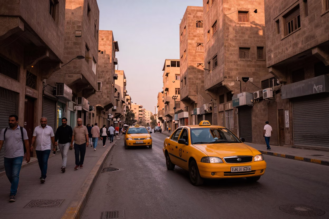 Cairo Egypt Street Scene Before Dusk with Yellow Taxi and Stone Architecture in in Cairo, Egypt