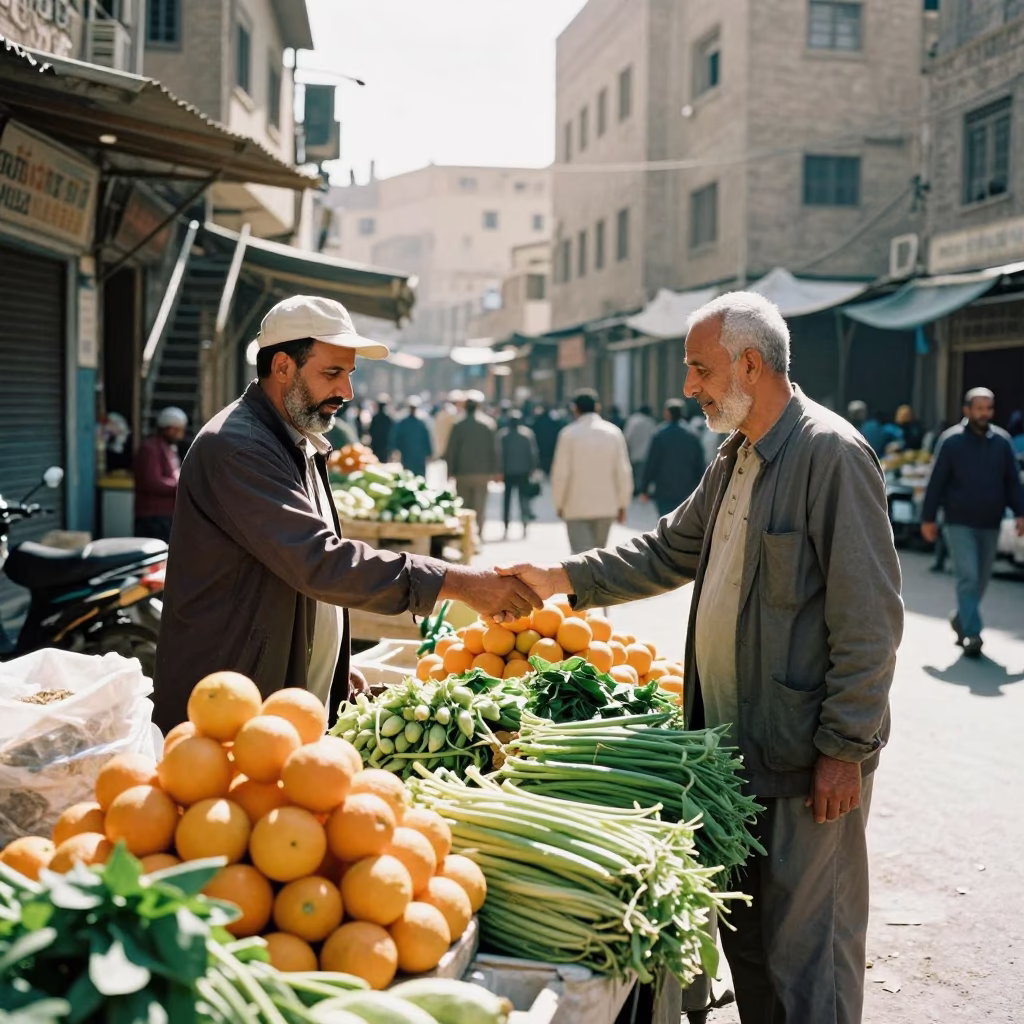 Cairo Egypt Street Scene Bright Midmorning Light Local Market Interaction in in Cairo, Egypt