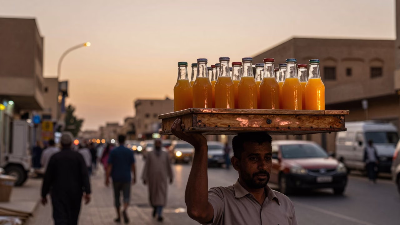 Cairo Egypt Street Scene Copper Light Before Dusk Wooden Tray Vendor in in Cairo, Egypt