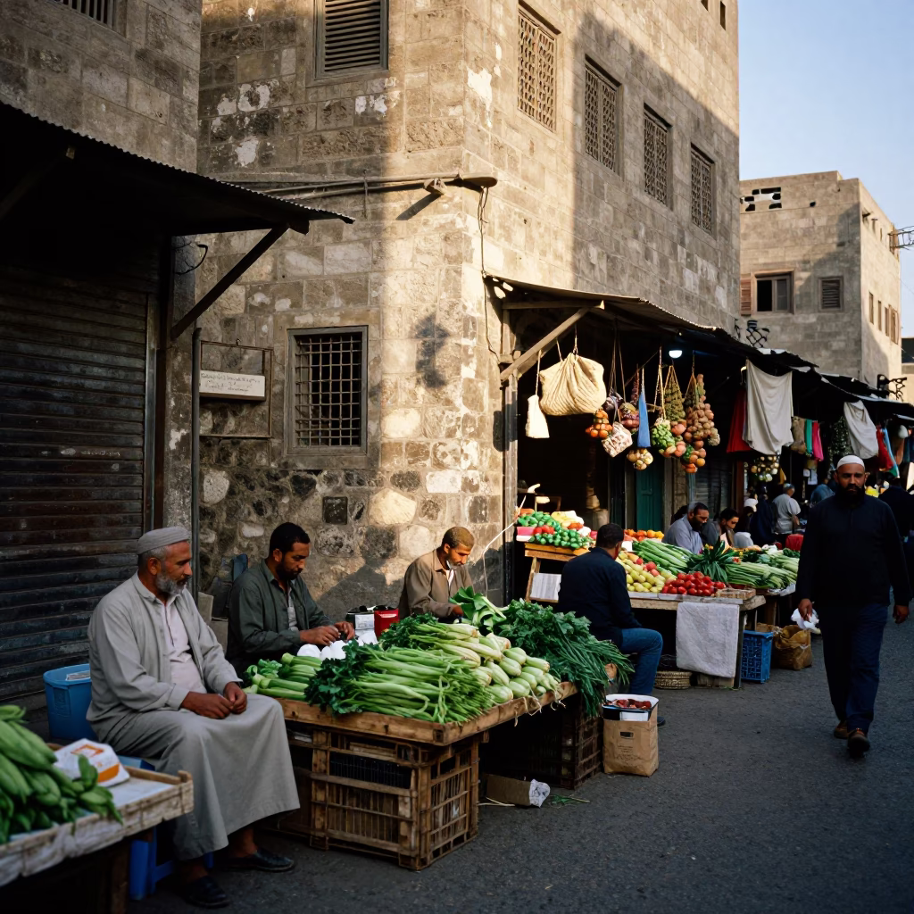 Cairo Egypt Street Scene Early Morning Light Busy Market Activity in in Cairo, Egypt