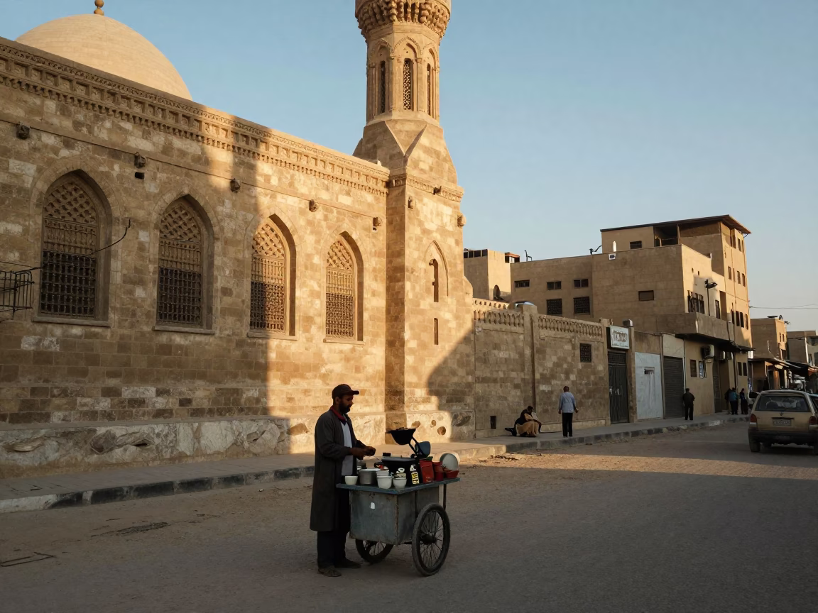 Cairo Egypt Street Scene First Light Minaret and Coffee Stall in in Cairo, Egypt