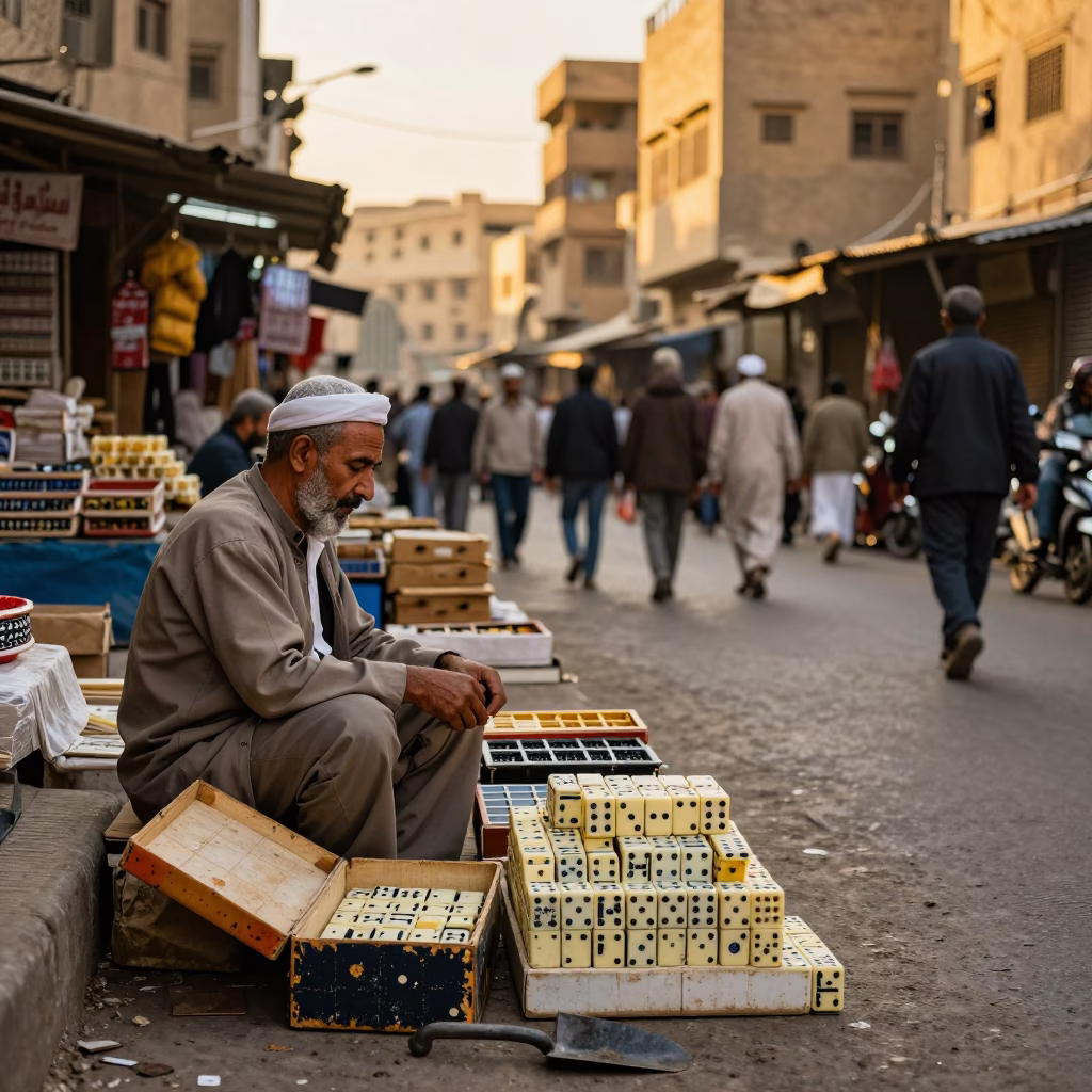 Cairo Egypt Street Scene Golden Hour Busy Market Vendor with Dominoes and Trowel in in Cairo, Egypt