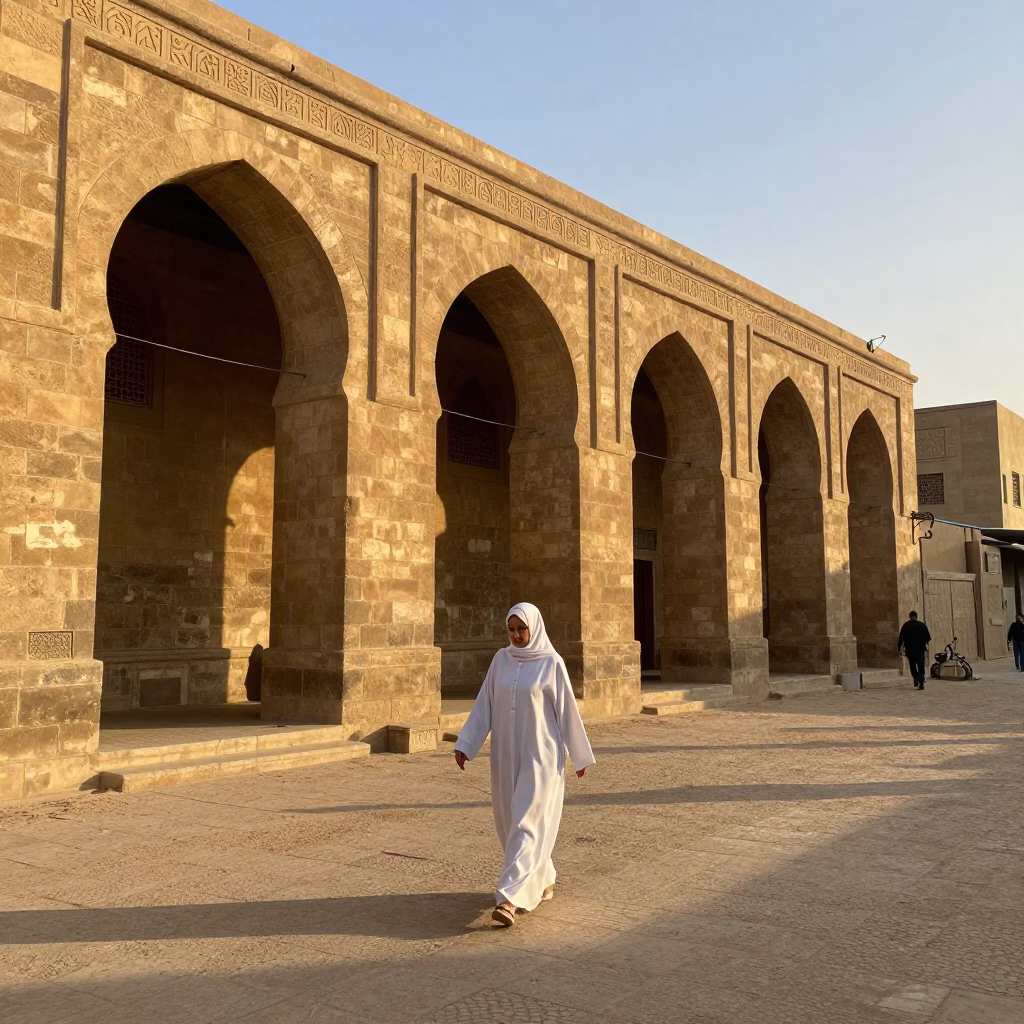Cairo Egypt Street Scene Golden Hour Traditional Attire and Historic Architecture in in Cairo, Egypt